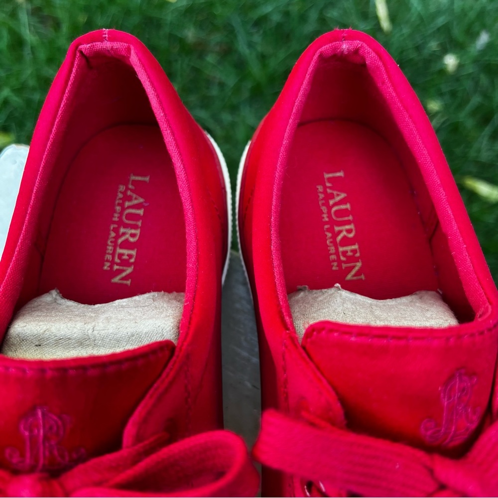 GORGEOUS! Lauren Ralph Lauren Cherry Red Satin Sneakers🍒 - Picture 4 of 11